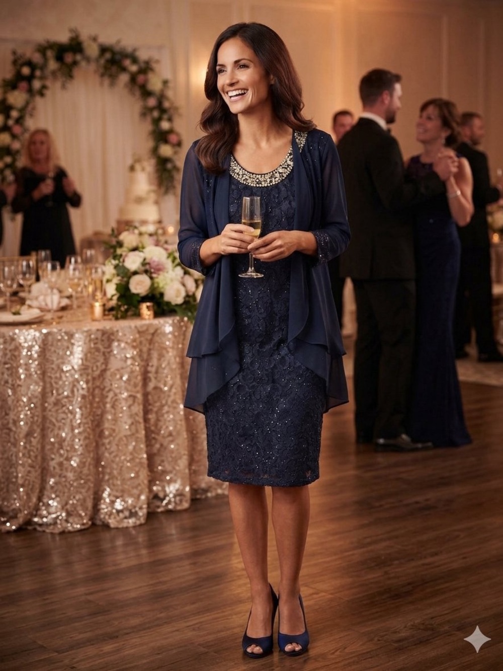 RM Richards Navy Dress 3/4 Shrug 6 Midi Glam Pearl Rhinestone Mother Bride Groom